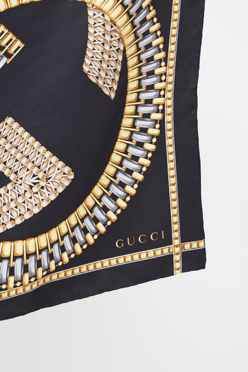 Gucci Black 
Multi GG Link Printed Silk Scarf