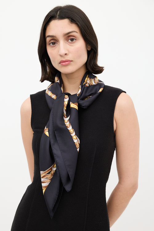 Gucci Black 
Multi Silk Braided Hardware Printed Scarf