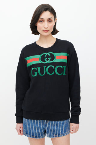 Gucci Black 
Multicolour Embroidered Logo Crewneck Sweater