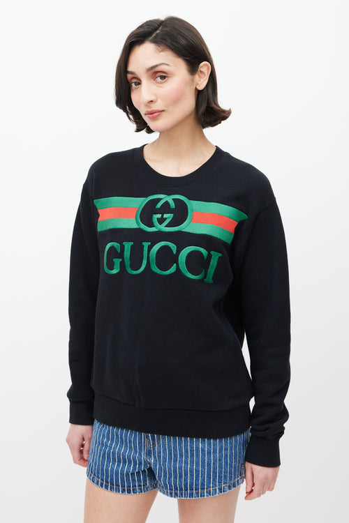 Gucci Black 
Multicolour Embroidered Logo Crewneck Sweater