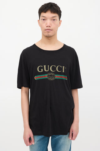 Gucci Black 
Multicolour Logo Distressed T-shirt