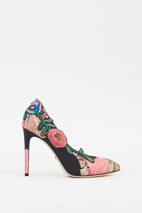 Gucci Black 
Multicolour Ophelia Floral Embroidered Heel