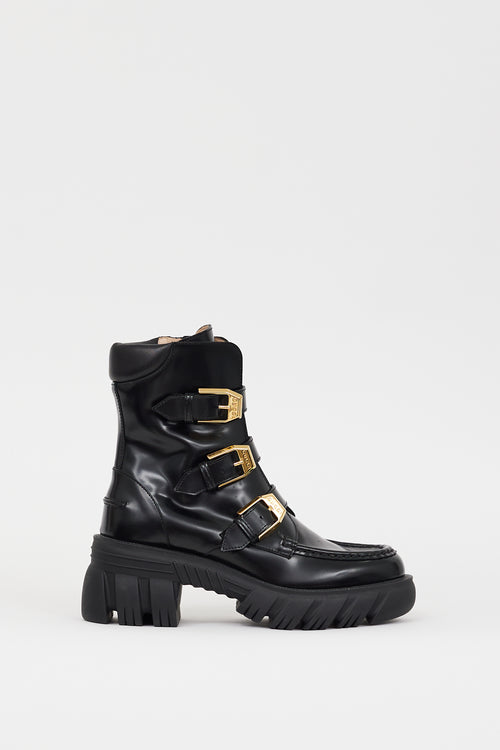 Gucci Black Patent Leather Buckled Combat Boot