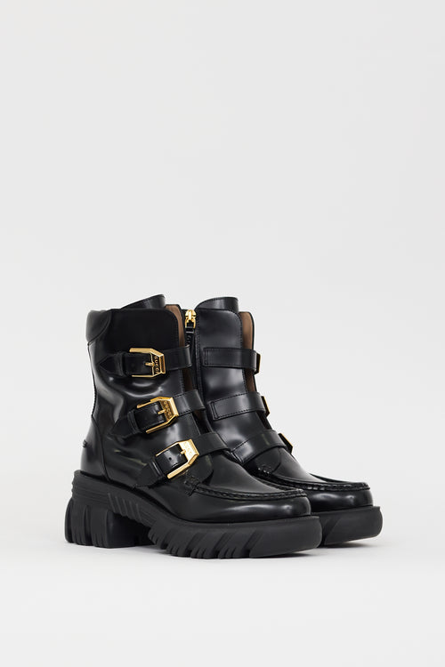 Gucci Black Patent Leather Buckled Combat Boot