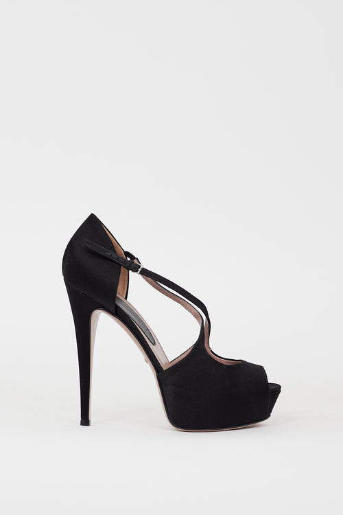 Gucci Black Satin Strappy Peep Toe Heel