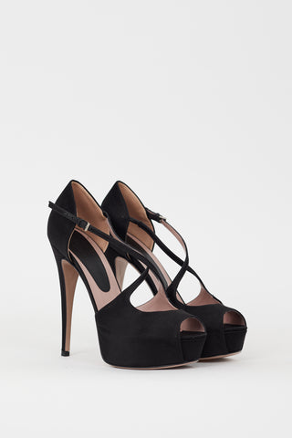 Gucci Black Satin Strappy Peep Toe Heel