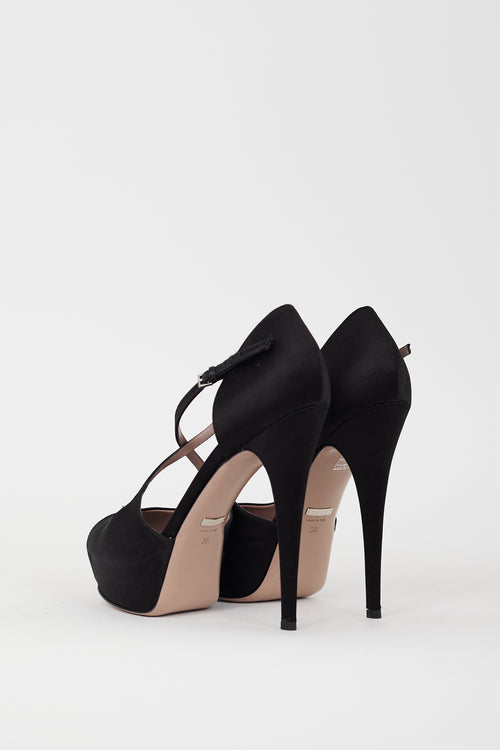 Gucci Black Satin Strappy Peep Toe Heel