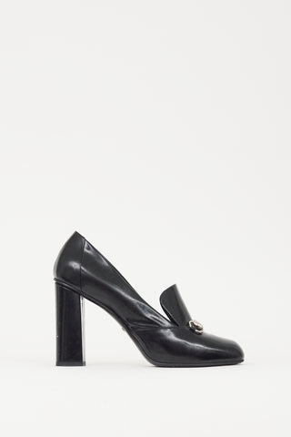 Gucci Black 
Silver Hardware Leather Loafer Heel