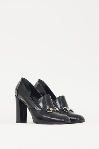 Gucci Black 
Silver Hardware Leather Loafer Heel