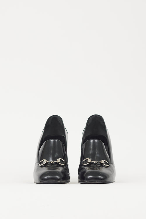 Gucci Black 
Silver Hardware Leather Loafer Heel