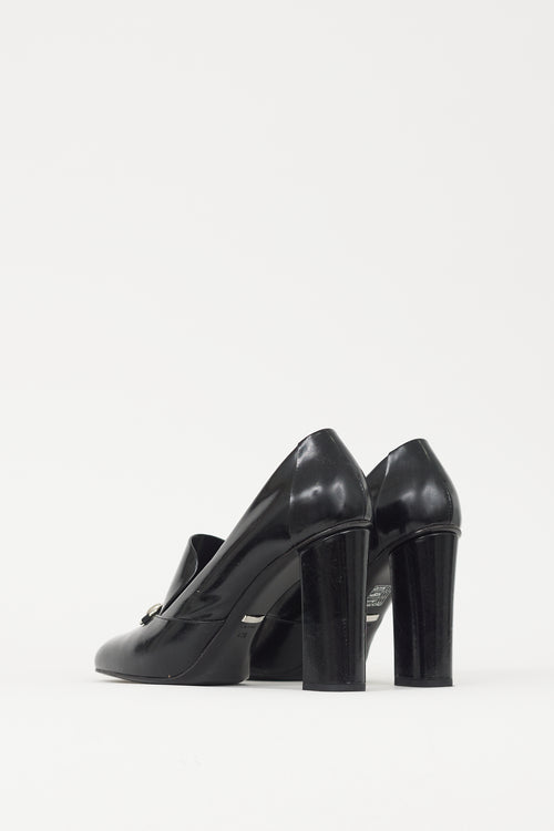 Gucci Black 
Silver Hardware Leather Loafer Heel