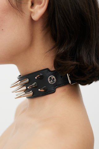 Gucci Black 
Silver Leather Spike Choker