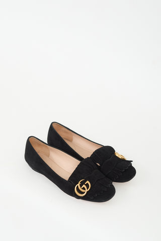 Gucci Black Suede GG Marmont Kiltie Fringe Flat