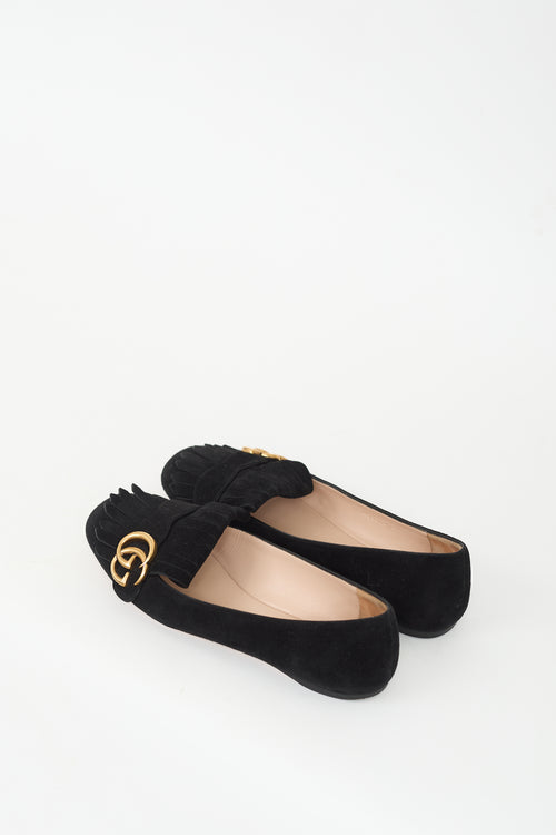 Gucci Black Suede GG Marmont Kiltie Fringe Flat