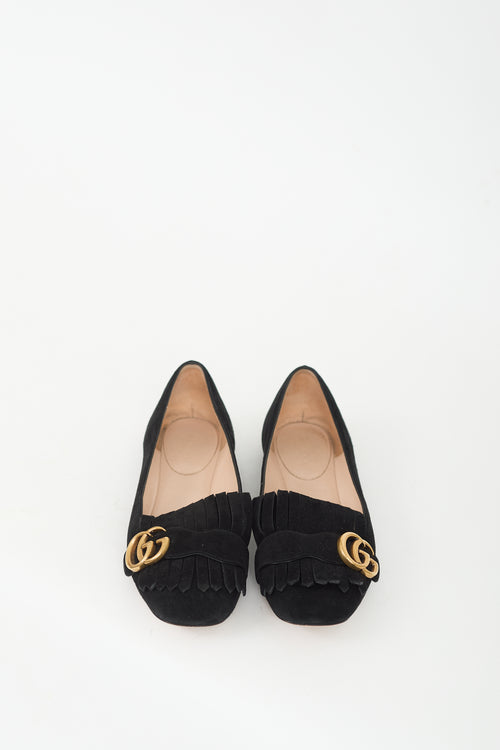 Gucci Black Suede GG Marmont Kiltie Fringe Flat