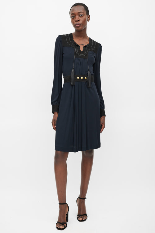 Gucci Navy 
Black Belted Tassel Dress