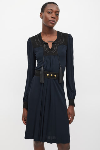 Gucci Navy 
Black Belted Tassel Dress