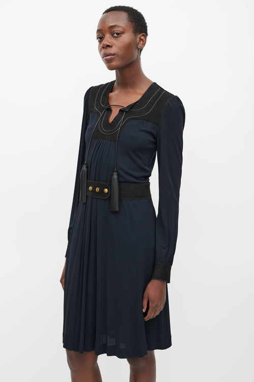 Gucci Navy 
Black Belted Tassel Dress