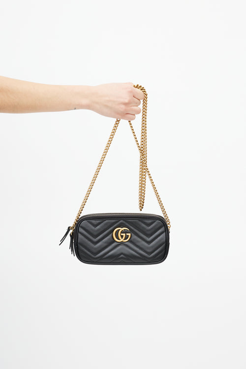 Gucci Black Leather GG Marmont Triple Zip Crossbody Bag