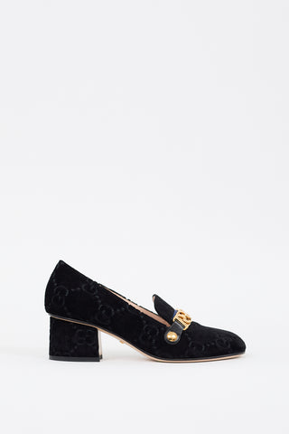 Gucci Black Velvet GG Sylvie Web Chain Heeled Loafer