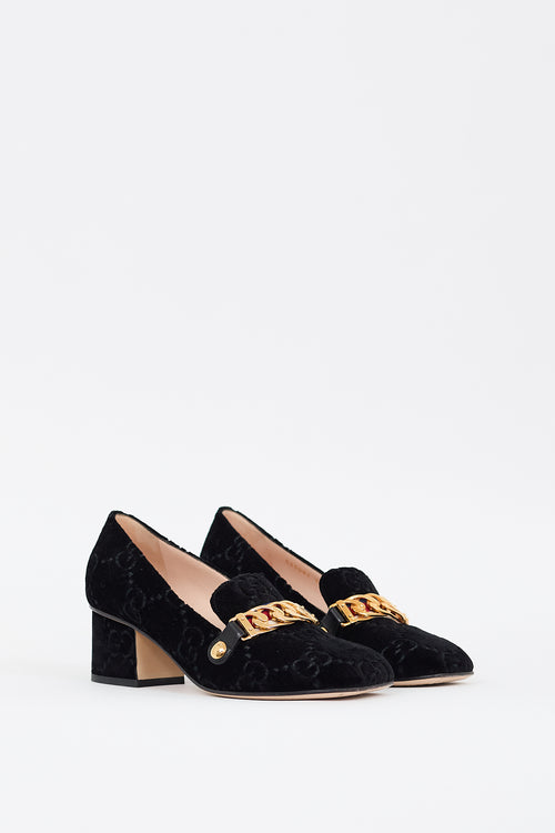 Gucci Black Velvet GG Sylvie Web Chain Heeled Loafer