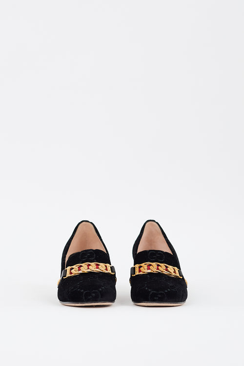 Gucci Black Velvet GG Sylvie Web Chain Heeled Loafer