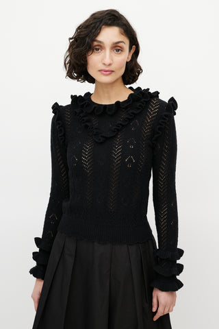 Gucci Black Wool Knit Ruffled Trim Sweater