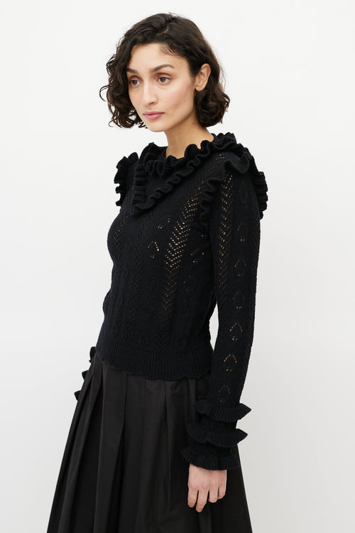 Gucci Black Wool Knit Ruffled Trim Sweater