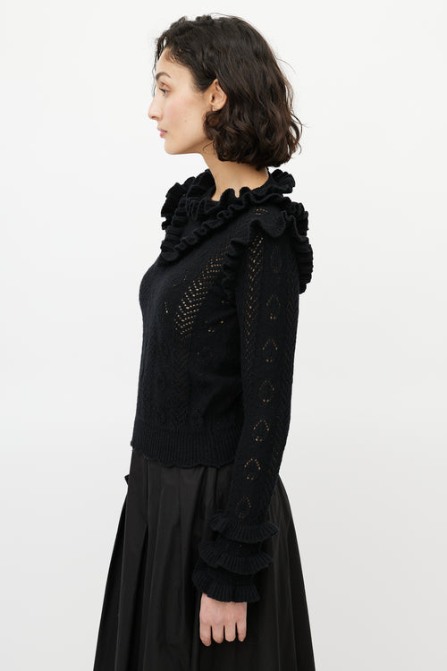 Gucci Black Wool Knit Ruffled Trim Sweater