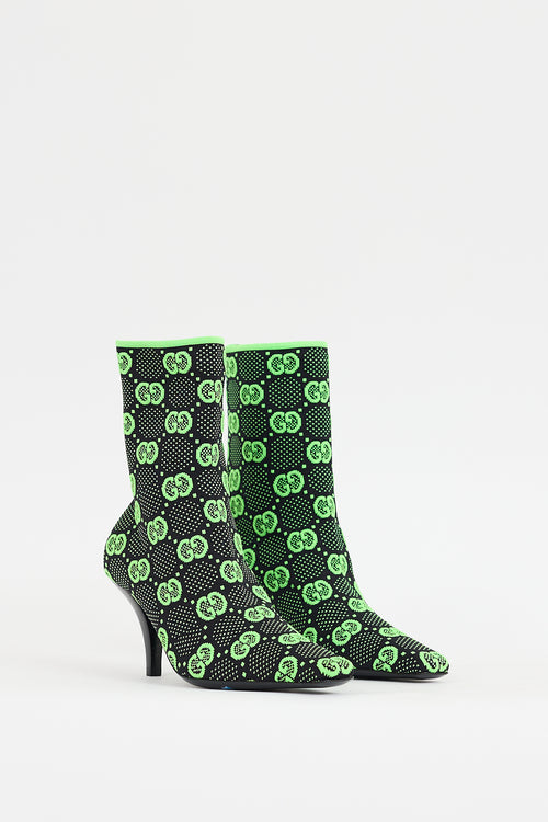 Gucci Black 
Neon Green Technical Jersey Monogram Boot