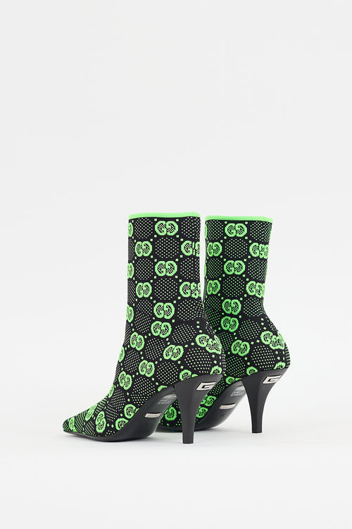 Gucci Black 
Neon Green Technical Jersey Monogram Boot