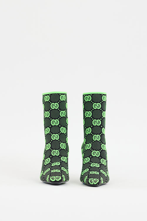 Gucci Black 
Neon Green Technical Jersey Monogram Boot