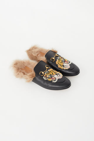 Gucci Black Leather 
Fur Princetown Patch Mule