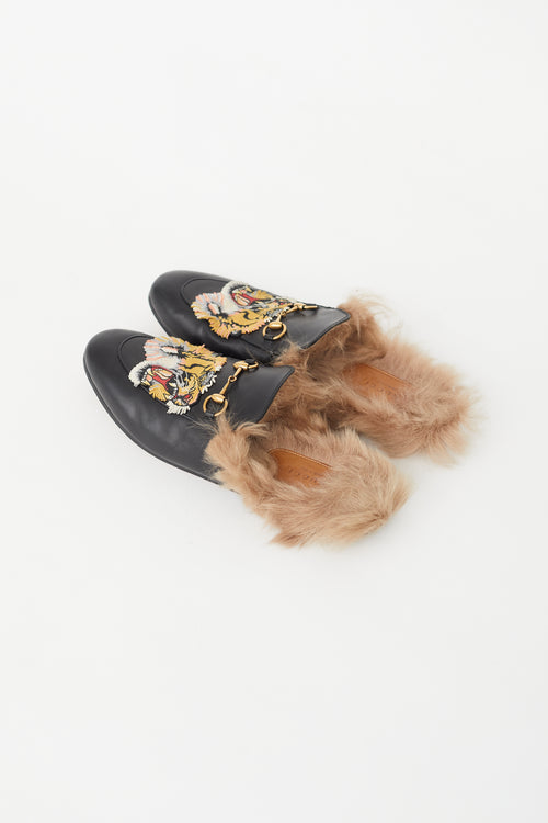 Gucci Black Leather 
Fur Princetown Patch Mule