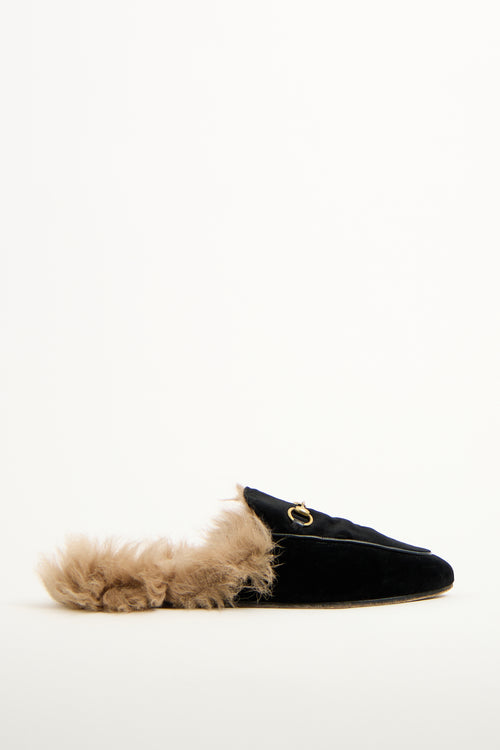 Gucci Black Velvet Fur Princetown Mule