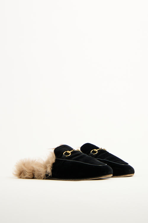 Gucci Black Velvet Fur Princetown Mule