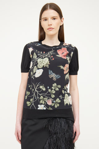 Gucci Black Silk 
Wool Floral Print Top