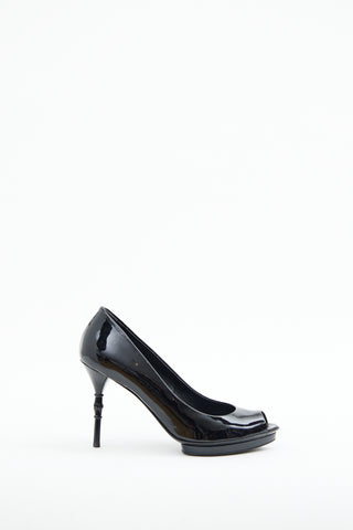 Gucci Black Patent Bamboo Peep Toe Pump