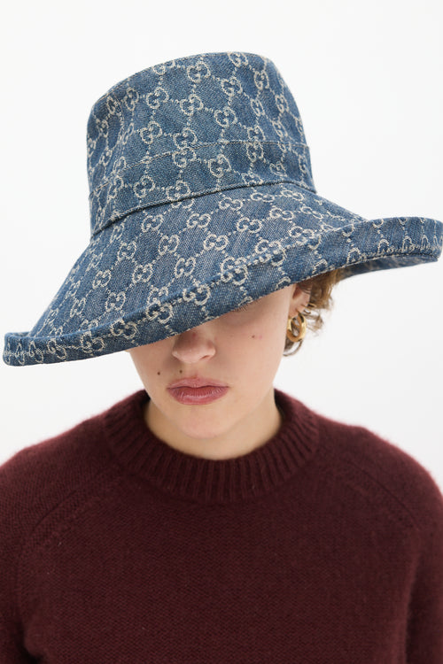 Gucci Navy 
Beige Monogram Denim Bucket Hat