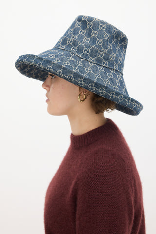 Gucci Navy 
Beige Monogram Denim Bucket Hat