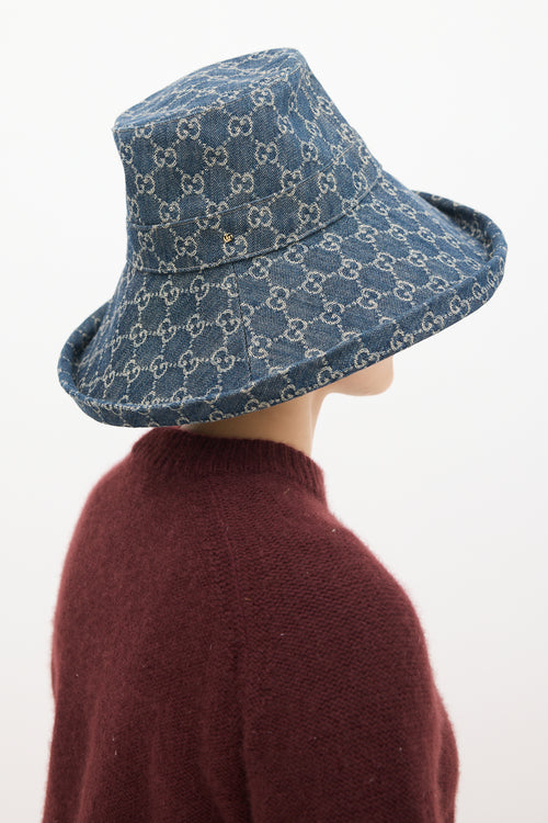 Gucci Navy 
Beige Monogram Denim Bucket Hat