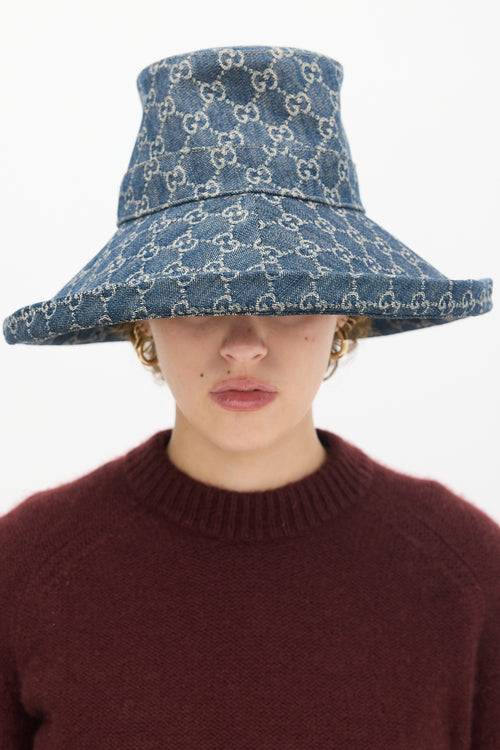 Gucci Navy 
Beige Monogram Denim Bucket Hat