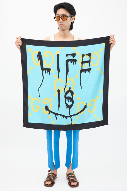 Gucci Teal 
Multi Silk GG Ghost Life Scarf