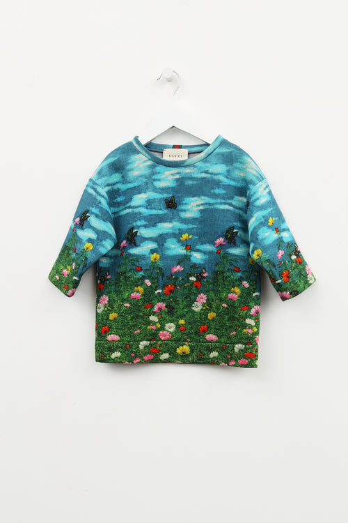 Gucci Kids Blue 
Green Printed Crewneck Sweater