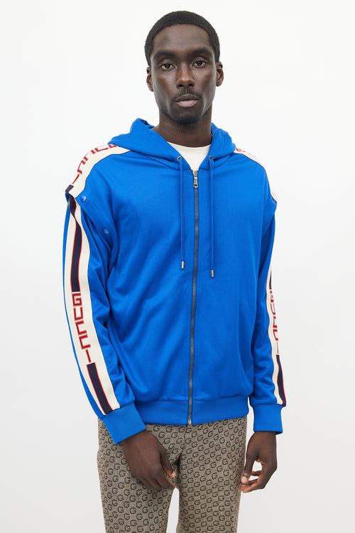 Gucci Blue 
Cream Detachable Sleeve Hooded Jacket