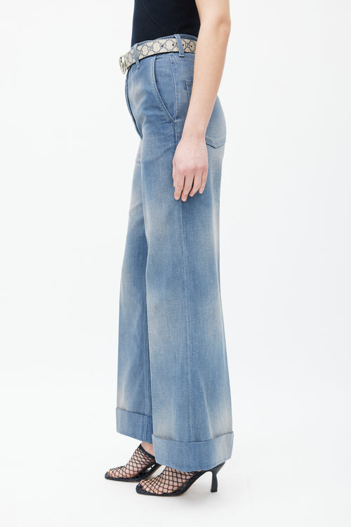 Gucci Blue Cuffed Wide Leg Jeans