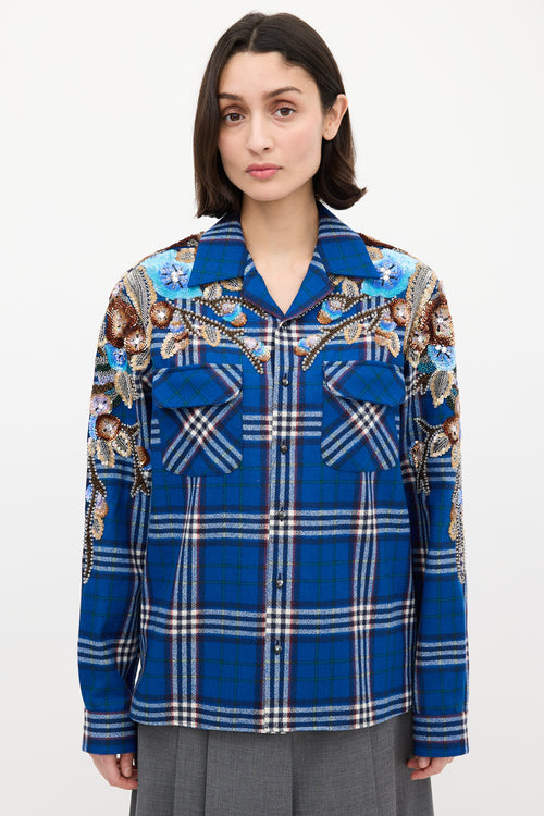 Gucci Blue 
Multi Wool Check Embellished Shirt