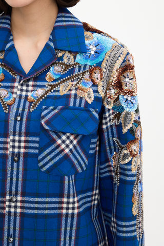 Gucci Blue 
Multi Wool Check Embellished Shirt