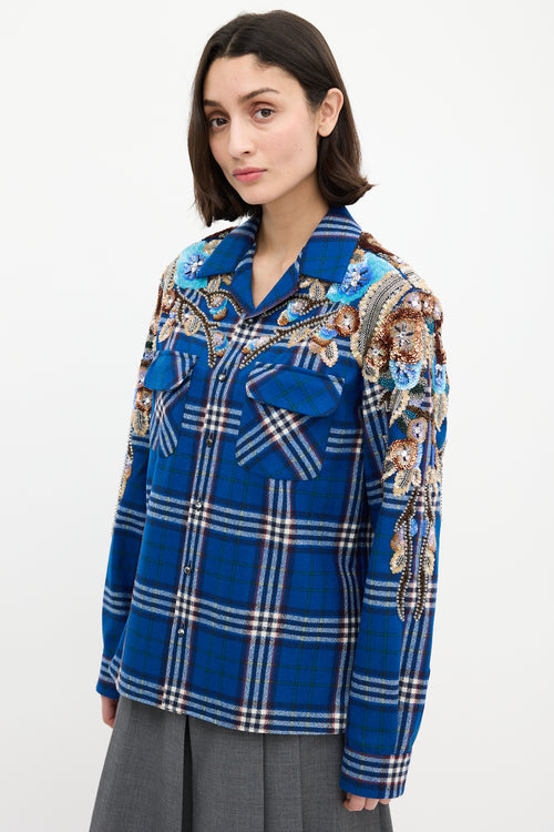 Gucci Blue 
Multi Wool Check Embellished Shirt