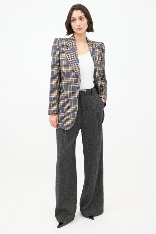 Gucci Blue 
Multicolour Linen Plaid Strong Shoulder Blazer